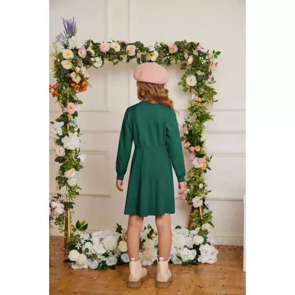 GRACE KARIN Girl Dress Long Sleeve Sweater Ruffle Button Front Knit Casual Fall Winter Dresses for Girls 512Green