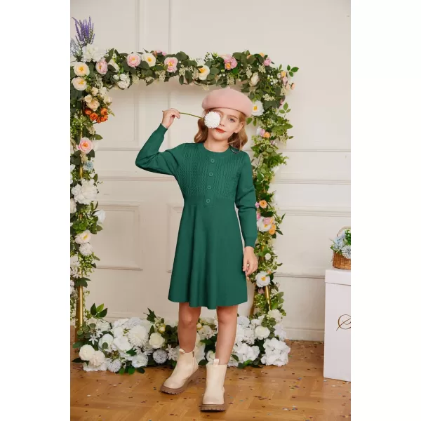 GRACE KARIN Girl Dress Long Sleeve Sweater Ruffle Button Front Knit Casual Fall Winter Dresses for Girls 512Green