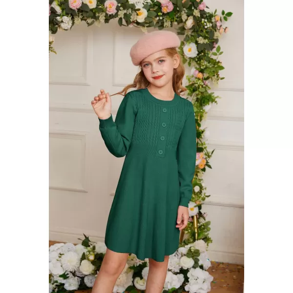 GRACE KARIN Girl Dress Long Sleeve Sweater Ruffle Button Front Knit Casual Fall Winter Dresses for Girls 512Green