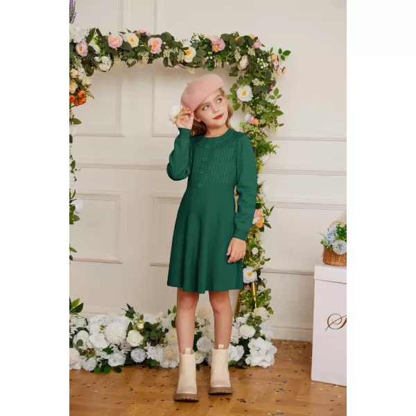 GRACE KARIN Girl Dress Long Sleeve Sweater Ruffle Button Front Knit Casual Fall Winter Dresses for Girls 512Green