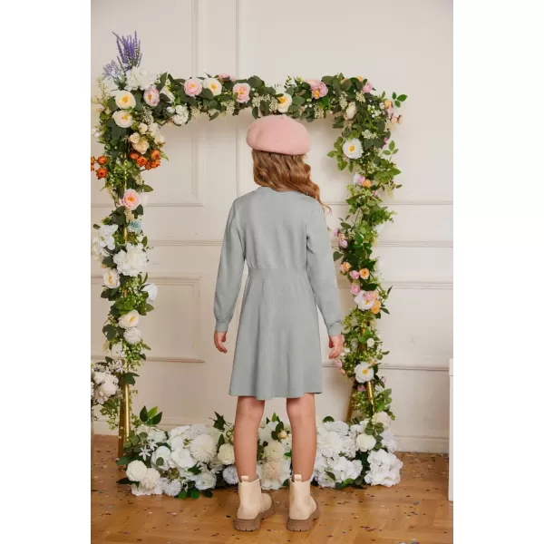 GRACE KARIN Girl Dress Long Sleeve Sweater Ruffle Button Front Knit Casual Fall Winter Dresses for Girls 512Grey