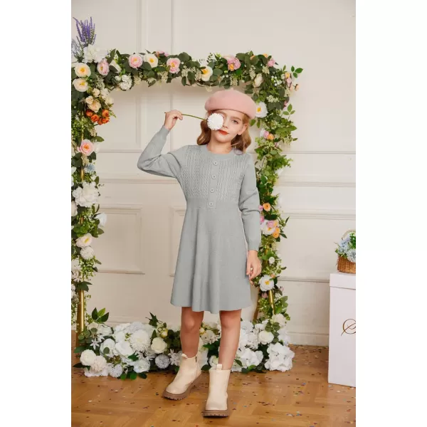 GRACE KARIN Girl Dress Long Sleeve Sweater Ruffle Button Front Knit Casual Fall Winter Dresses for Girls 512Grey