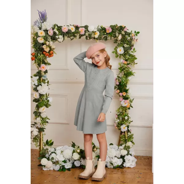 GRACE KARIN Girl Dress Long Sleeve Sweater Ruffle Button Front Knit Casual Fall Winter Dresses for Girls 512Grey