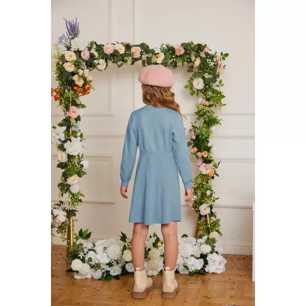 GRACE KARIN Girl Dress Long Sleeve Sweater Ruffle Button Front Knit Casual Fall Winter Dresses for Girls 512Haze Blue