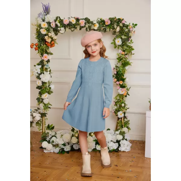 GRACE KARIN Girl Dress Long Sleeve Sweater Ruffle Button Front Knit Casual Fall Winter Dresses for Girls 512Haze Blue