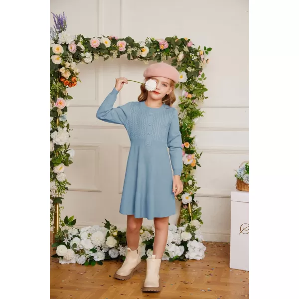 GRACE KARIN Girl Dress Long Sleeve Sweater Ruffle Button Front Knit Casual Fall Winter Dresses for Girls 512Haze Blue