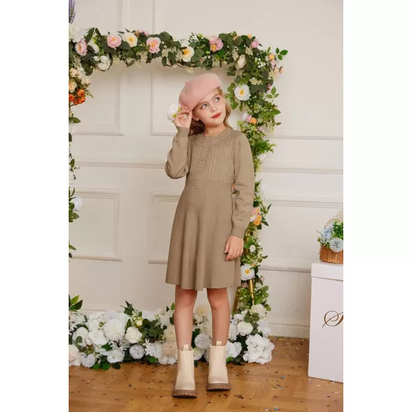 GRACE KARIN Girl Dress Long Sleeve Sweater Ruffle Button Front Knit Casual Fall Winter Dresses for Girls 512Khaki