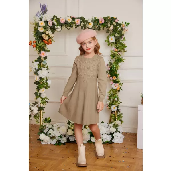 GRACE KARIN Girl Dress Long Sleeve Sweater Ruffle Button Front Knit Casual Fall Winter Dresses for Girls 512Khaki