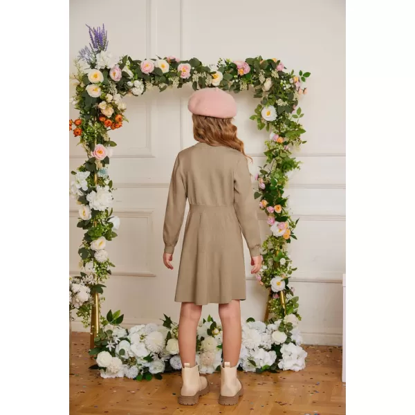 GRACE KARIN Girl Dress Long Sleeve Sweater Ruffle Button Front Knit Casual Fall Winter Dresses for Girls 512Khaki