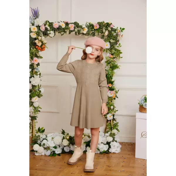 GRACE KARIN Girl Dress Long Sleeve Sweater Ruffle Button Front Knit Casual Fall Winter Dresses for Girls 512Khaki