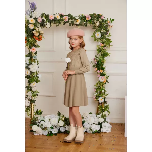 GRACE KARIN Girl Dress Long Sleeve Sweater Ruffle Button Front Knit Casual Fall Winter Dresses for Girls 512Khaki