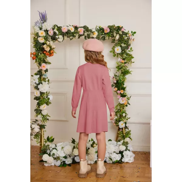GRACE KARIN Girl Dress Long Sleeve Sweater Ruffle Button Front Knit Casual Fall Winter Dresses for Girls 512Medium Pink