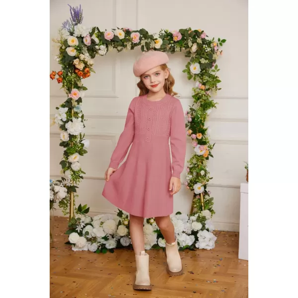 GRACE KARIN Girl Dress Long Sleeve Sweater Ruffle Button Front Knit Casual Fall Winter Dresses for Girls 512Medium Pink