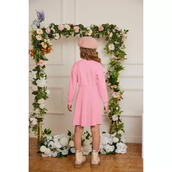 GRACE KARIN Girl Dress Long Sleeve Sweater Ruffle Button Front Knit Casual Fall Winter Dresses for Girls 512Peach Pink