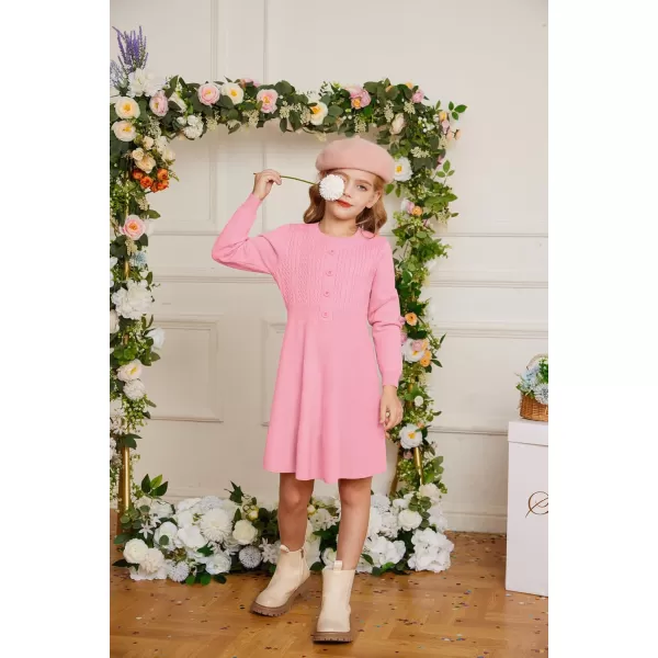 GRACE KARIN Girl Dress Long Sleeve Sweater Ruffle Button Front Knit Casual Fall Winter Dresses for Girls 512Peach Pink
