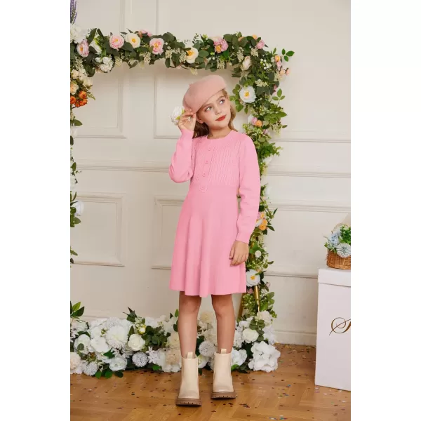 GRACE KARIN Girl Dress Long Sleeve Sweater Ruffle Button Front Knit Casual Fall Winter Dresses for Girls 512Peach Pink