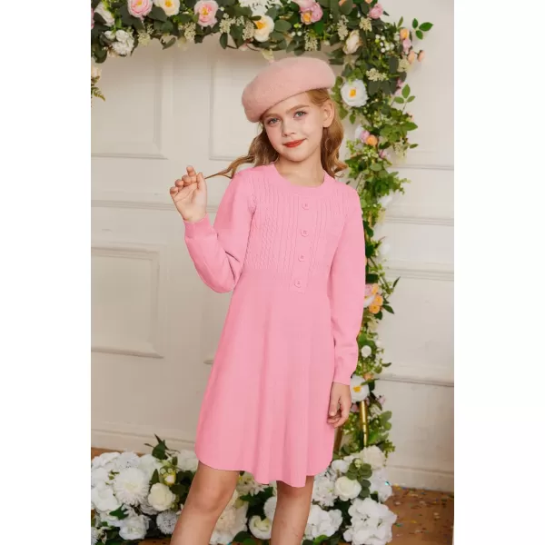 GRACE KARIN Girl Dress Long Sleeve Sweater Ruffle Button Front Knit Casual Fall Winter Dresses for Girls 512Peach Pink