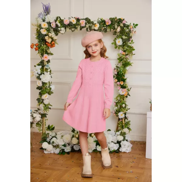 GRACE KARIN Girl Dress Long Sleeve Sweater Ruffle Button Front Knit Casual Fall Winter Dresses for Girls 512Peach Pink