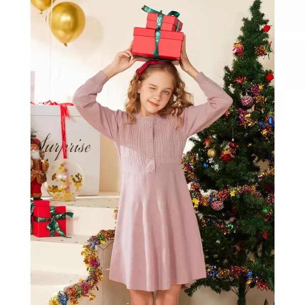 GRACE KARIN Girl Dress Long Sleeve Sweater Ruffle Button Front Knit Casual Fall Winter Dresses for Girls 512Pink