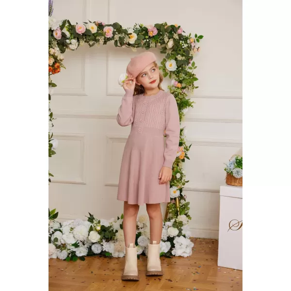 GRACE KARIN Girl Dress Long Sleeve Sweater Ruffle Button Front Knit Casual Fall Winter Dresses for Girls 512Pink