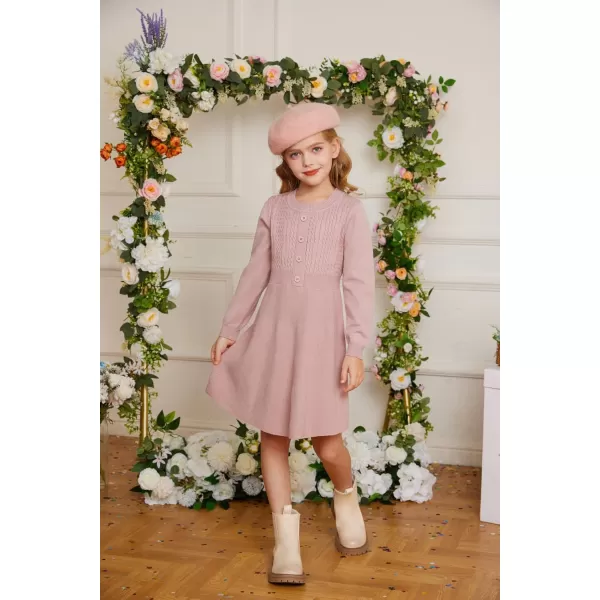 GRACE KARIN Girl Dress Long Sleeve Sweater Ruffle Button Front Knit Casual Fall Winter Dresses for Girls 512Pink