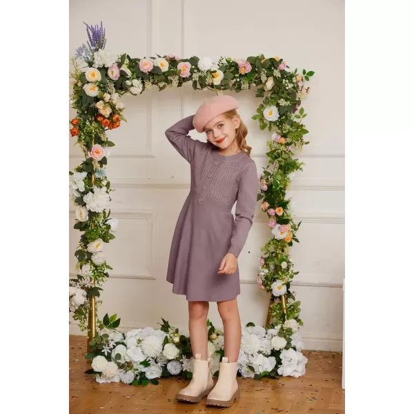 GRACE KARIN Girl Dress Long Sleeve Sweater Ruffle Button Front Knit Casual Fall Winter Dresses for Girls 512Purple