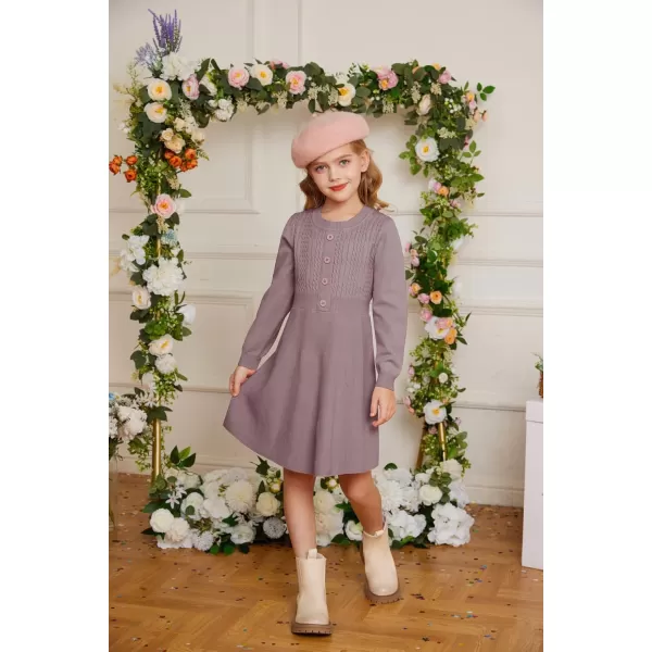 GRACE KARIN Girl Dress Long Sleeve Sweater Ruffle Button Front Knit Casual Fall Winter Dresses for Girls 512Purple