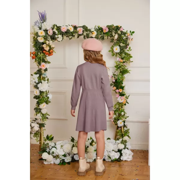 GRACE KARIN Girl Dress Long Sleeve Sweater Ruffle Button Front Knit Casual Fall Winter Dresses for Girls 512Purple