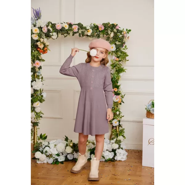 GRACE KARIN Girl Dress Long Sleeve Sweater Ruffle Button Front Knit Casual Fall Winter Dresses for Girls 512Purple