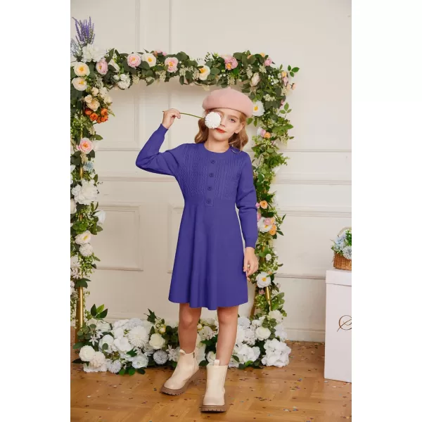 GRACE KARIN Girl Dress Long Sleeve Sweater Ruffle Button Front Knit Casual Fall Winter Dresses for Girls 512Purple Blue