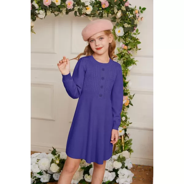 GRACE KARIN Girl Dress Long Sleeve Sweater Ruffle Button Front Knit Casual Fall Winter Dresses for Girls 512Purple Blue