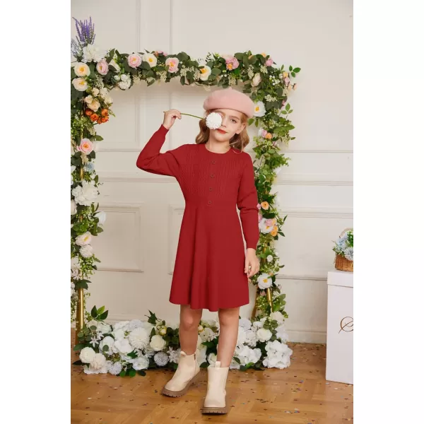 GRACE KARIN Girl Dress Long Sleeve Sweater Ruffle Button Front Knit Casual Fall Winter Dresses for Girls 512Red