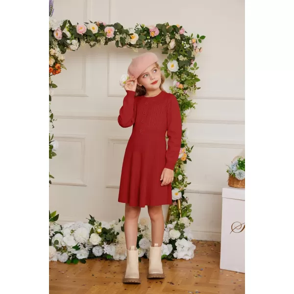 GRACE KARIN Girl Dress Long Sleeve Sweater Ruffle Button Front Knit Casual Fall Winter Dresses for Girls 512Red