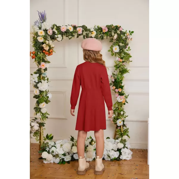 GRACE KARIN Girl Dress Long Sleeve Sweater Ruffle Button Front Knit Casual Fall Winter Dresses for Girls 512Red