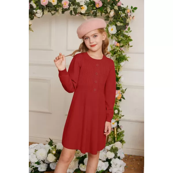 GRACE KARIN Girl Dress Long Sleeve Sweater Ruffle Button Front Knit Casual Fall Winter Dresses for Girls 512Red