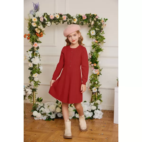 GRACE KARIN Girl Dress Long Sleeve Sweater Ruffle Button Front Knit Casual Fall Winter Dresses for Girls 512Red