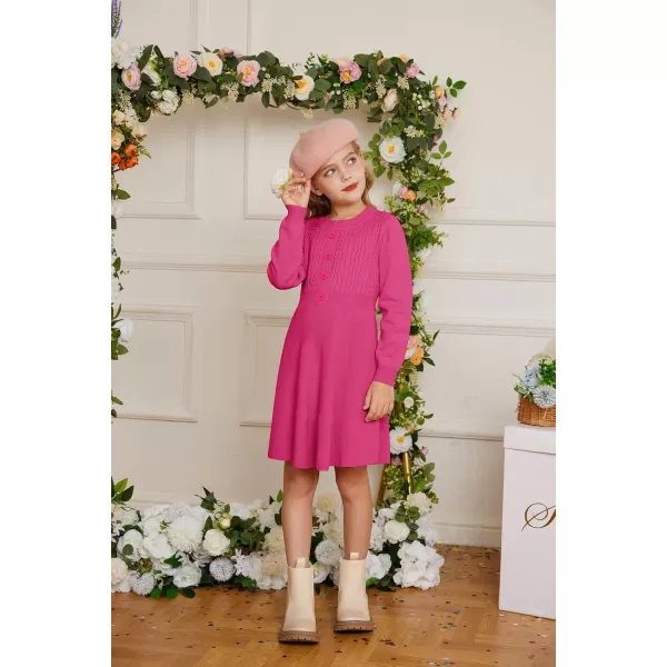 GRACE KARIN Girl Dress Long Sleeve Sweater Ruffle Button Front Knit Casual Fall Winter Dresses for Girls 512Rose Red