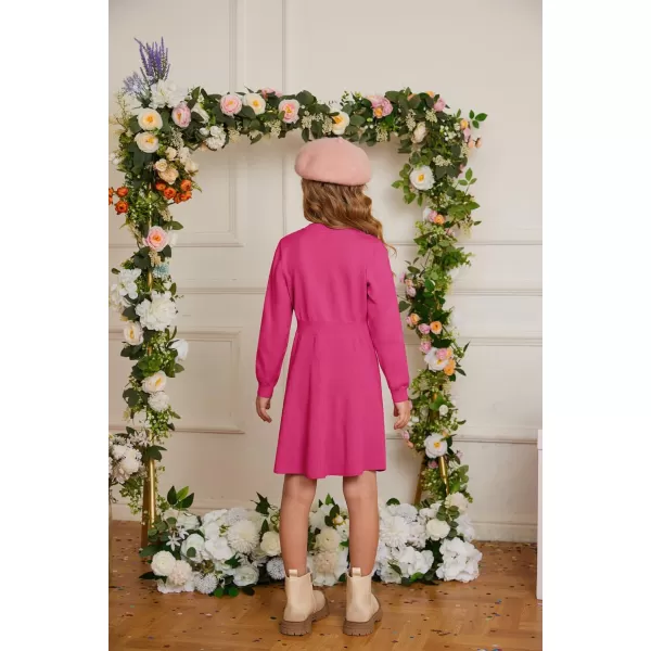GRACE KARIN Girl Dress Long Sleeve Sweater Ruffle Button Front Knit Casual Fall Winter Dresses for Girls 512Rose Red