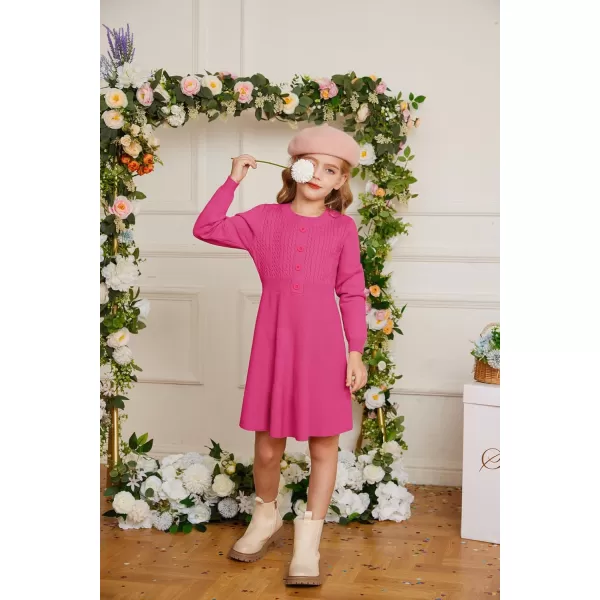 GRACE KARIN Girl Dress Long Sleeve Sweater Ruffle Button Front Knit Casual Fall Winter Dresses for Girls 512Rose Red
