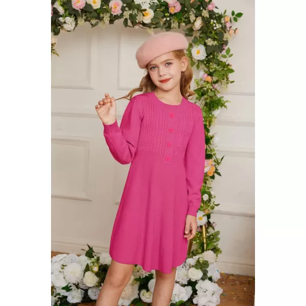 GRACE KARIN Girl Dress Long Sleeve Sweater Ruffle Button Front Knit Casual Fall Winter Dresses for Girls 512Rose Red