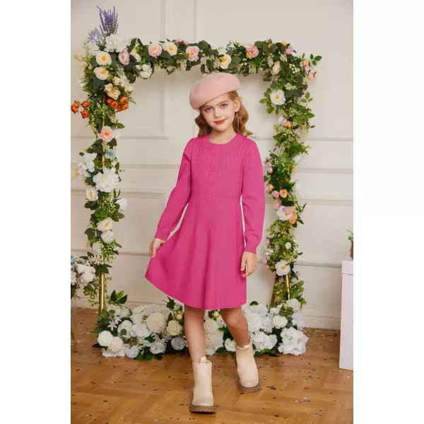 GRACE KARIN Girl Dress Long Sleeve Sweater Ruffle Button Front Knit Casual Fall Winter Dresses for Girls 512Rose Red