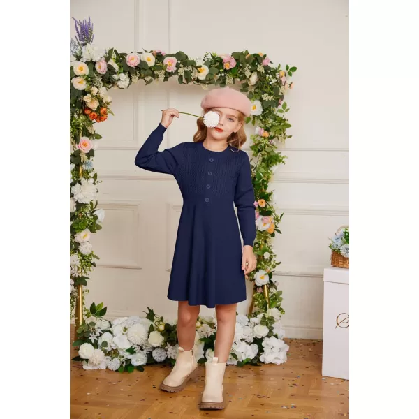 GRACE KARIN Girl Dress Long Sleeve Sweater Ruffle Button Front Knit Casual Fall Winter Dresses for Girls 512Royal Blue