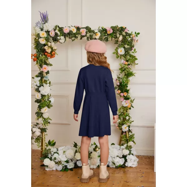 GRACE KARIN Girl Dress Long Sleeve Sweater Ruffle Button Front Knit Casual Fall Winter Dresses for Girls 512Royal Blue