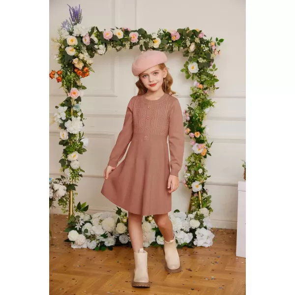 GRACE KARIN Girl Dress Long Sleeve Sweater Ruffle Button Front Knit Casual Fall Winter Dresses for Girls 512Rust Red