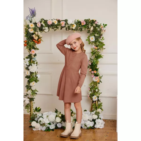 GRACE KARIN Girl Dress Long Sleeve Sweater Ruffle Button Front Knit Casual Fall Winter Dresses for Girls 512Rust Red