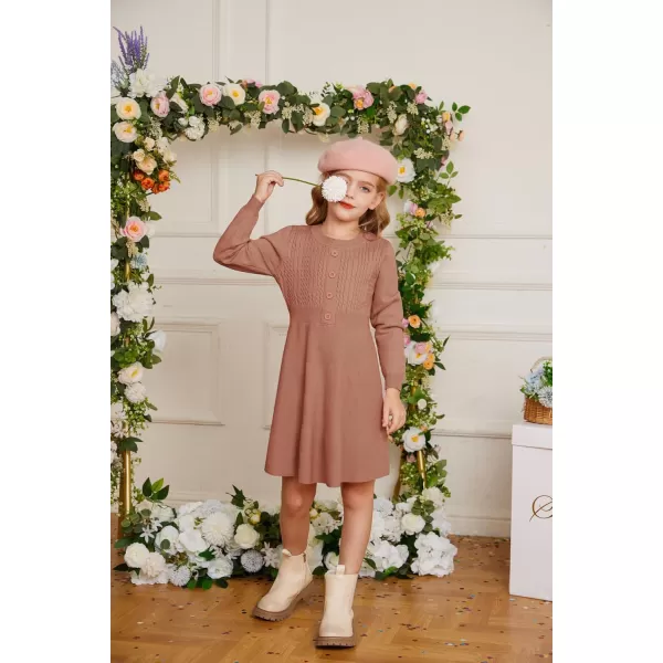 GRACE KARIN Girl Dress Long Sleeve Sweater Ruffle Button Front Knit Casual Fall Winter Dresses for Girls 512Rust Red