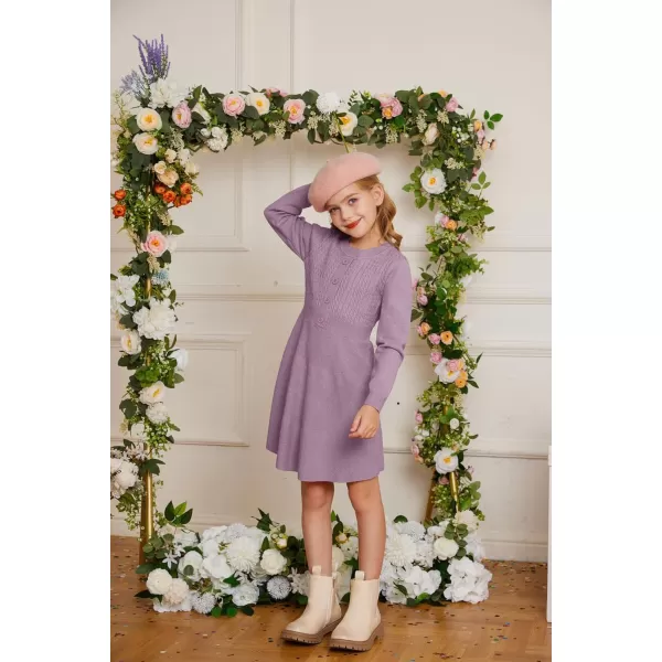 GRACE KARIN Girl Dress Long Sleeve Sweater Ruffle Button Front Knit Casual Fall Winter Dresses for Girls 512Unique Ppurple