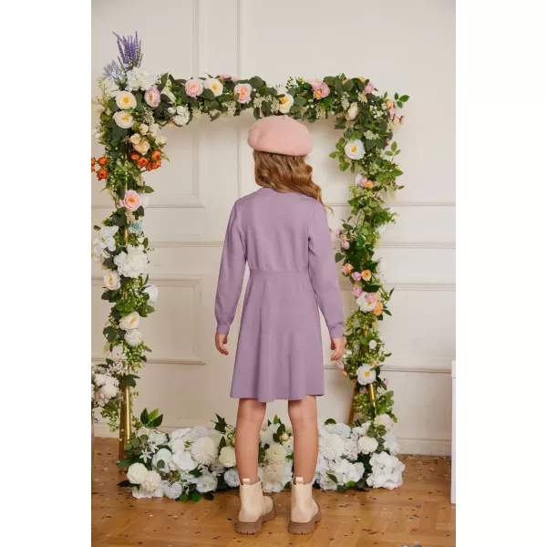 GRACE KARIN Girl Dress Long Sleeve Sweater Ruffle Button Front Knit Casual Fall Winter Dresses for Girls 512Unique Ppurple