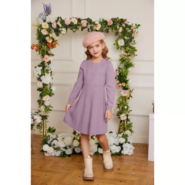GRACE KARIN Girl Dress Long Sleeve Sweater Ruffle Button Front Knit Casual Fall Winter Dresses for Girls 512Unique Ppurple