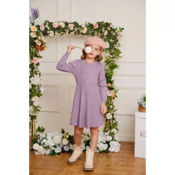 GRACE KARIN Girl Dress Long Sleeve Sweater Ruffle Button Front Knit Casual Fall Winter Dresses for Girls 512Unique Ppurple